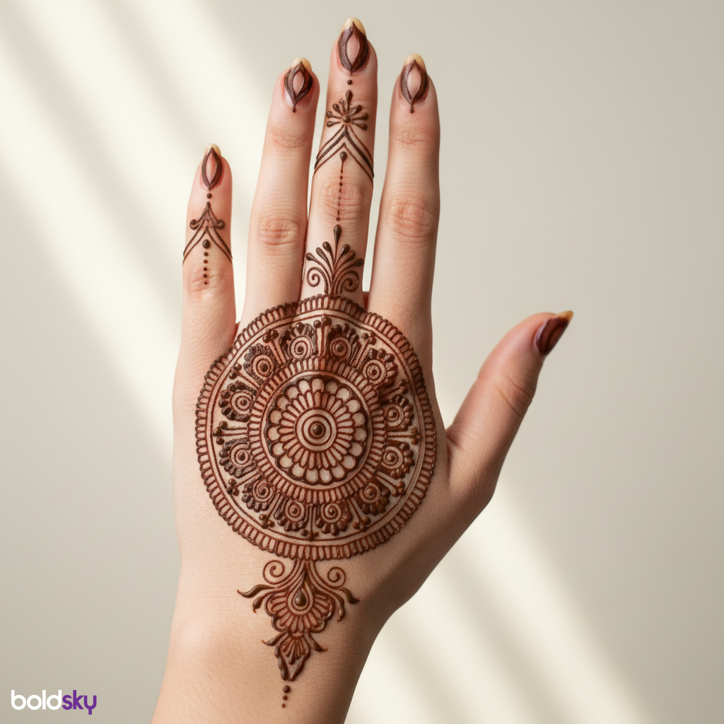 Left hand mandala and finger trails mehndi.