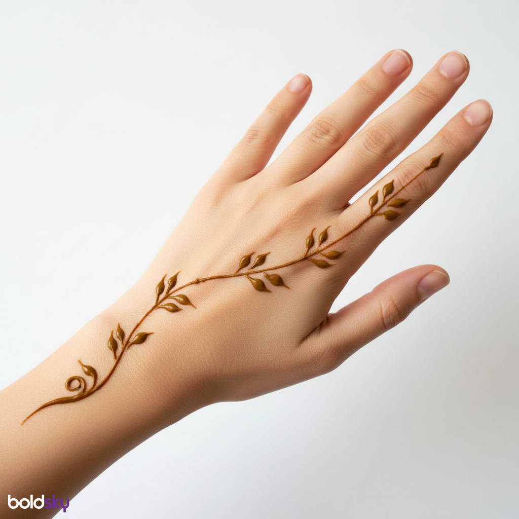 Left hand minimalist vine leaf mehndi.