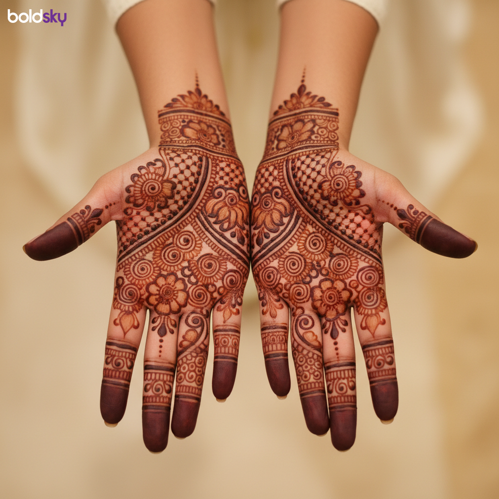 Both hands front finger mehndi symmetry