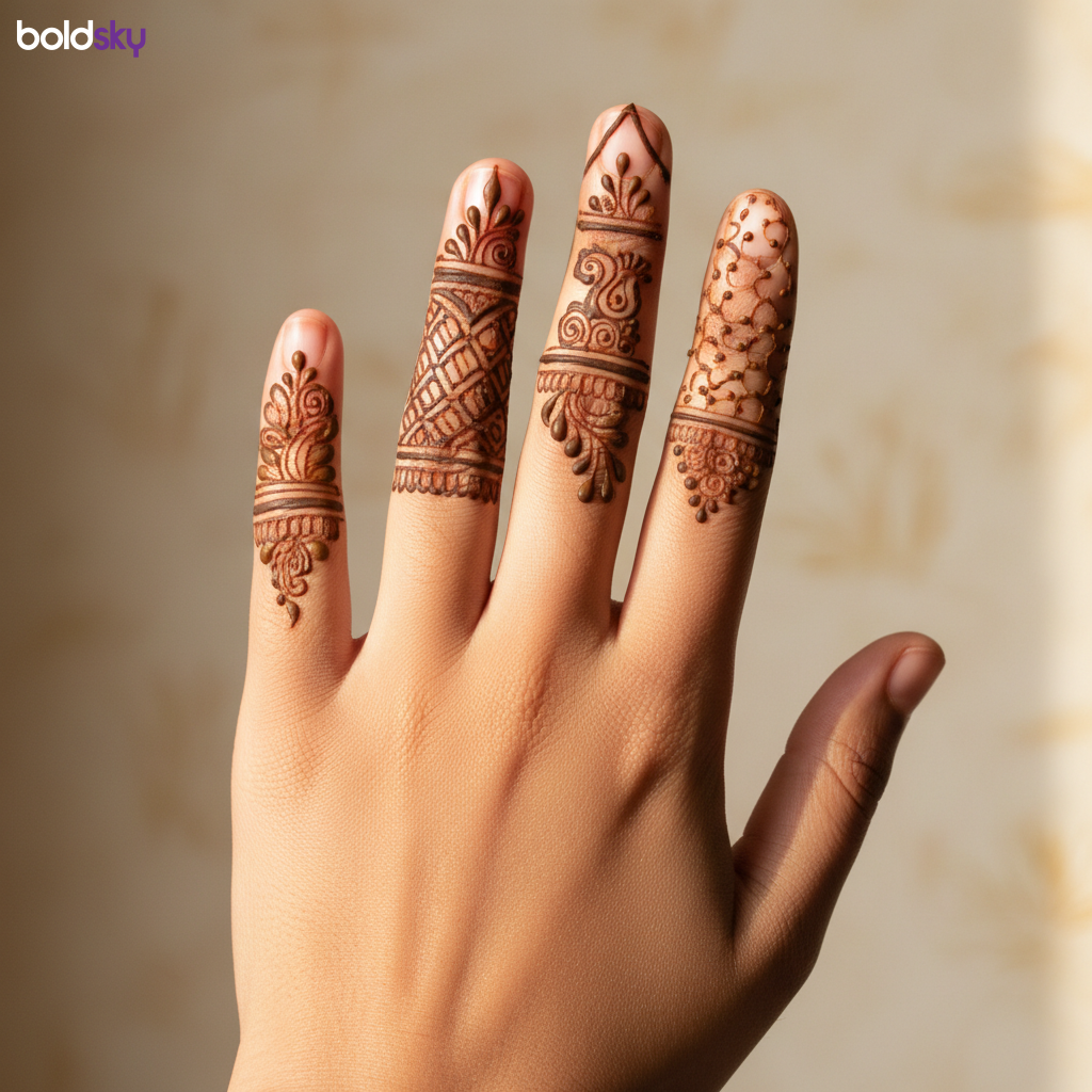 Left hand back finger mehndi detail