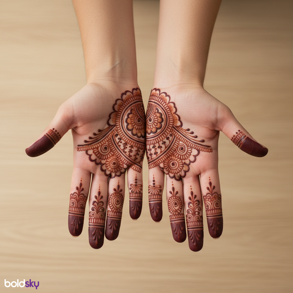 Both hands front finger mehndi symmetry