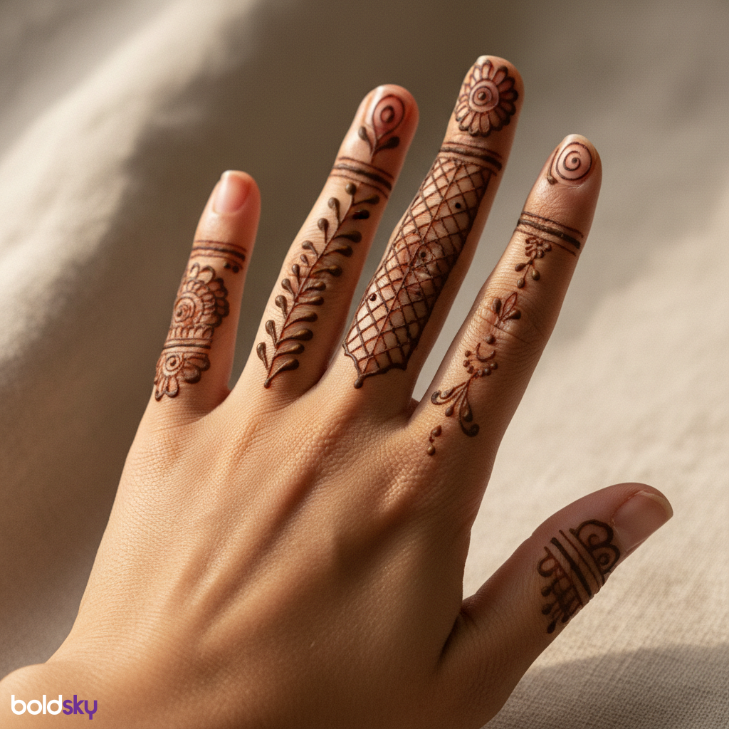 Left hand back finger mehndi detail