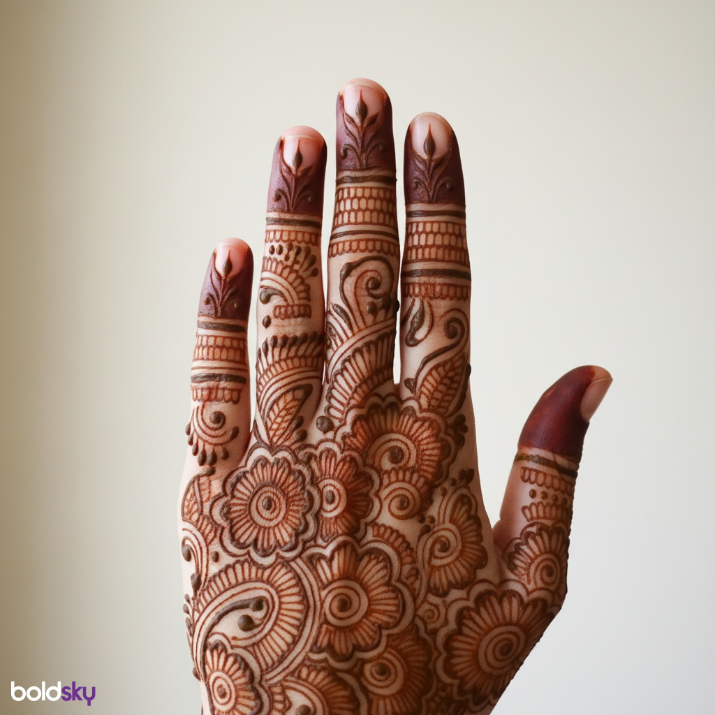Left hand back finger mehndi trails