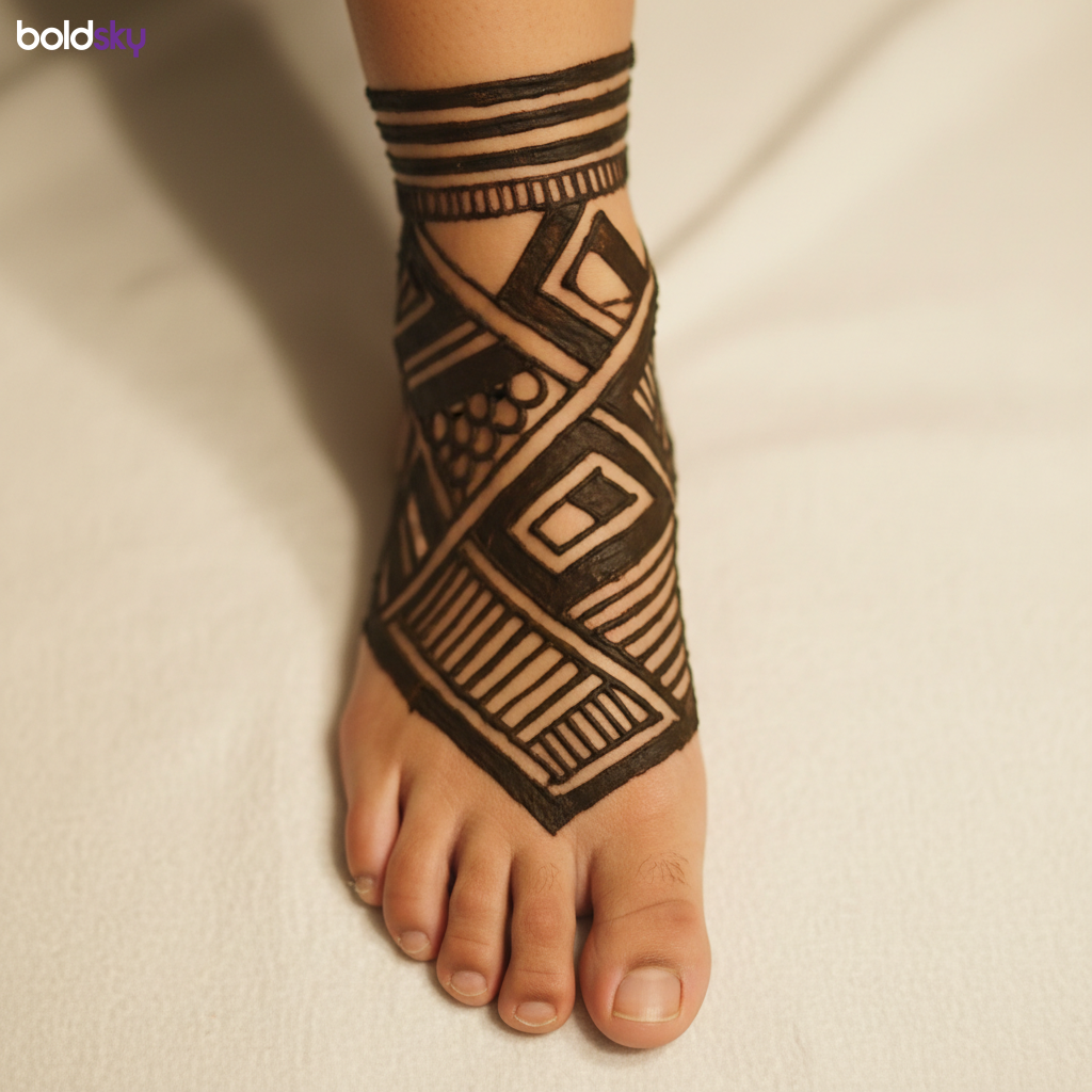 Geometric banded mehndi on foot and ankle