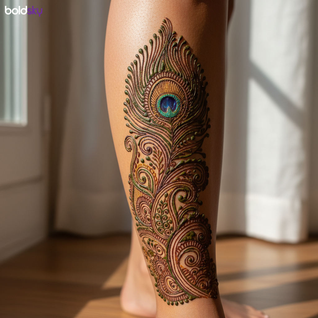 Peacock feather mehndi on lower leg