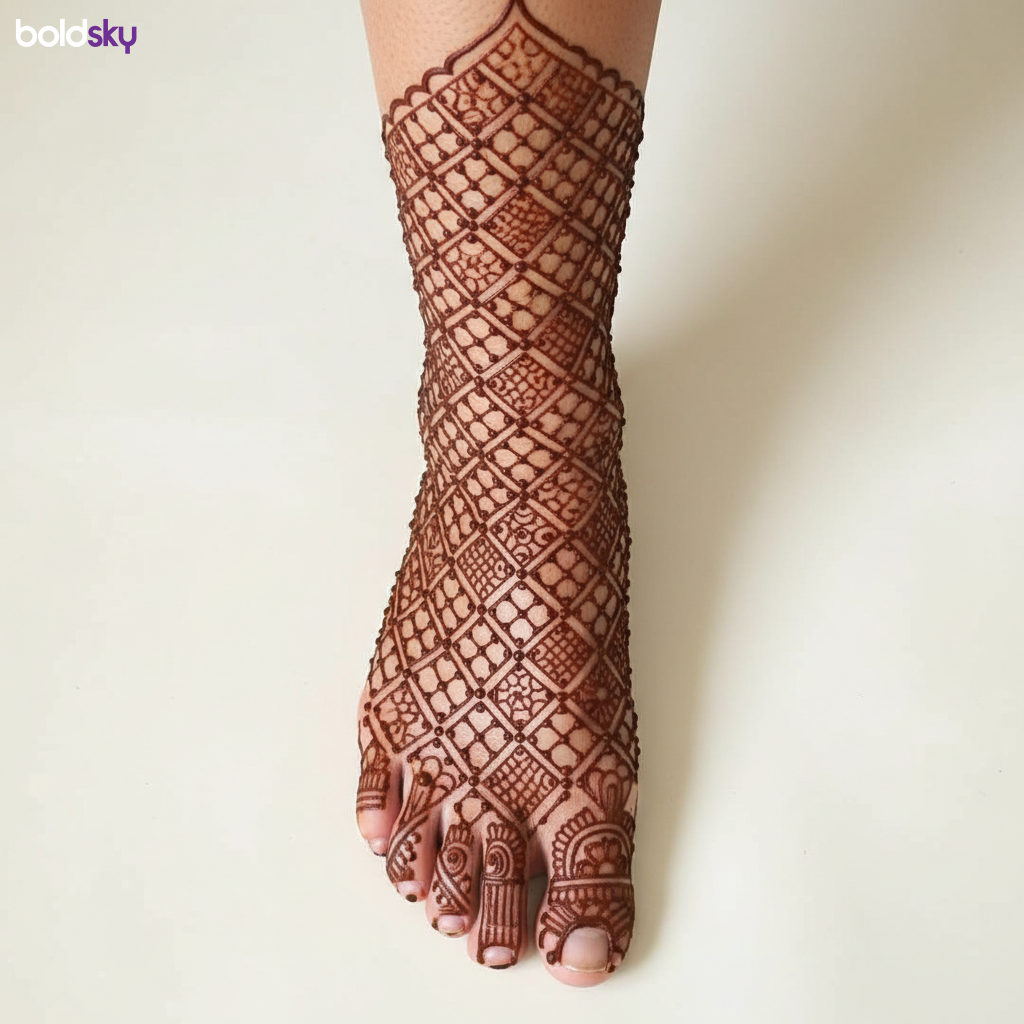 Full foot and shin jaali mehndi design