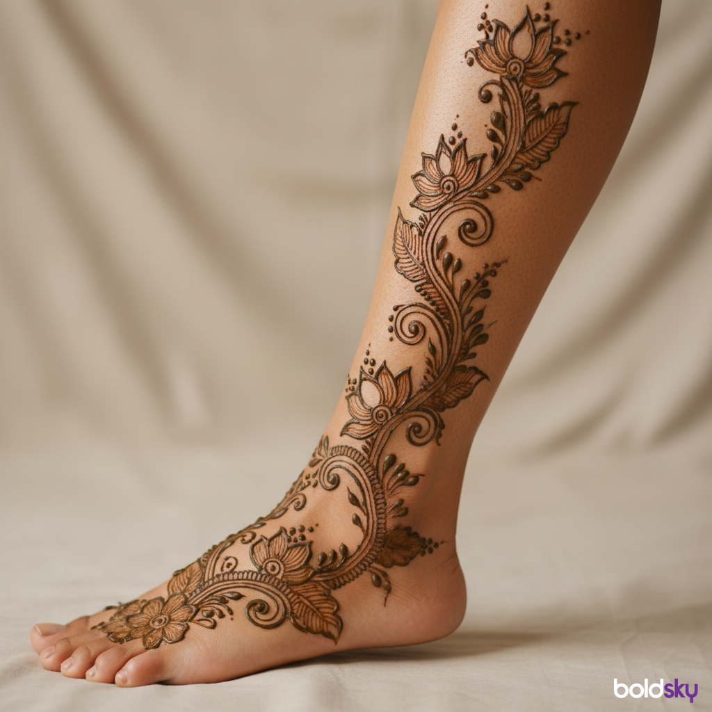 Elegant floral vine mehndi on lower leg