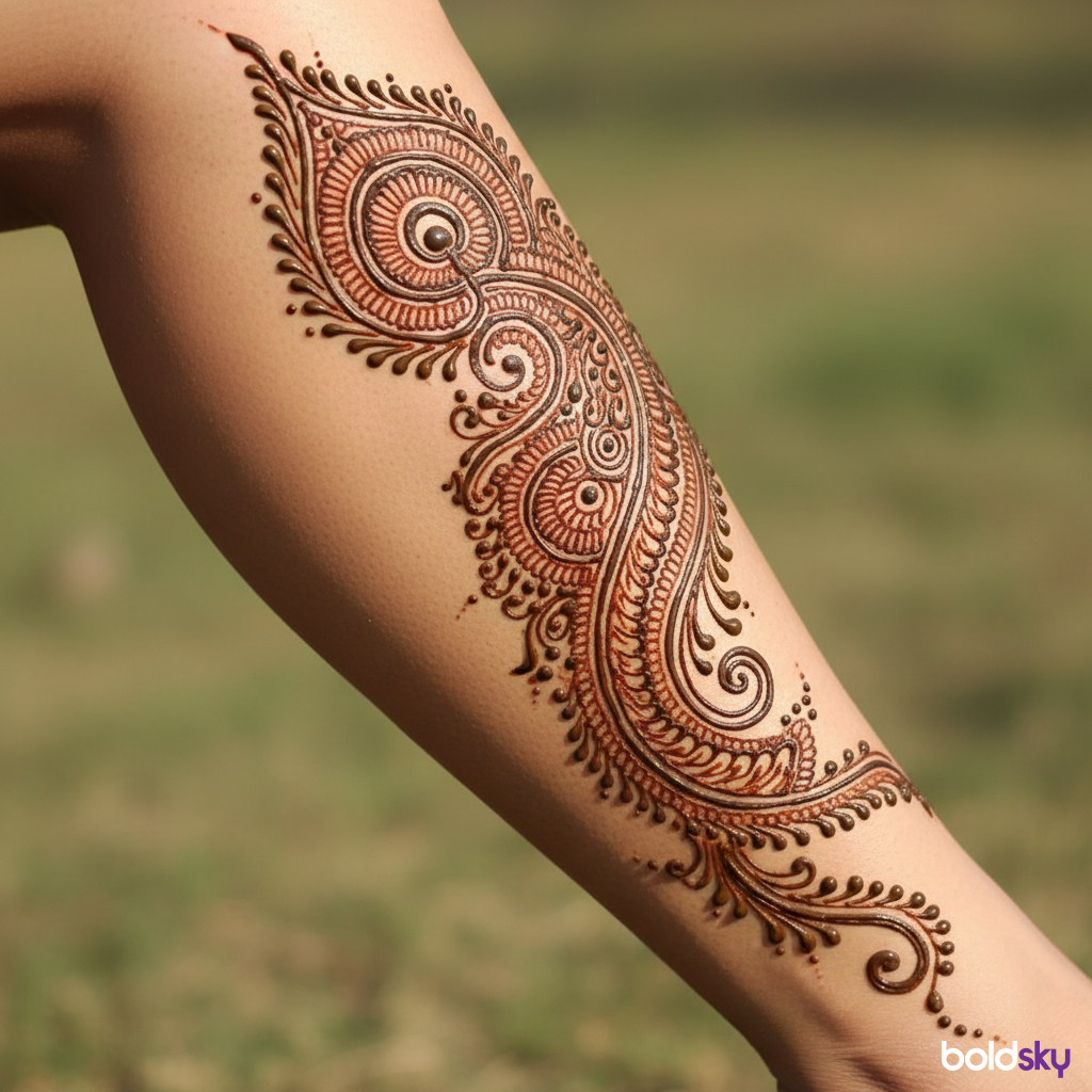 Peacock feather mehndi on lower leg