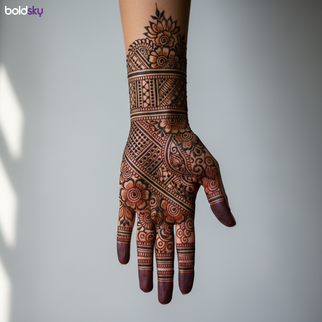 Left palm geometric floral mehndi