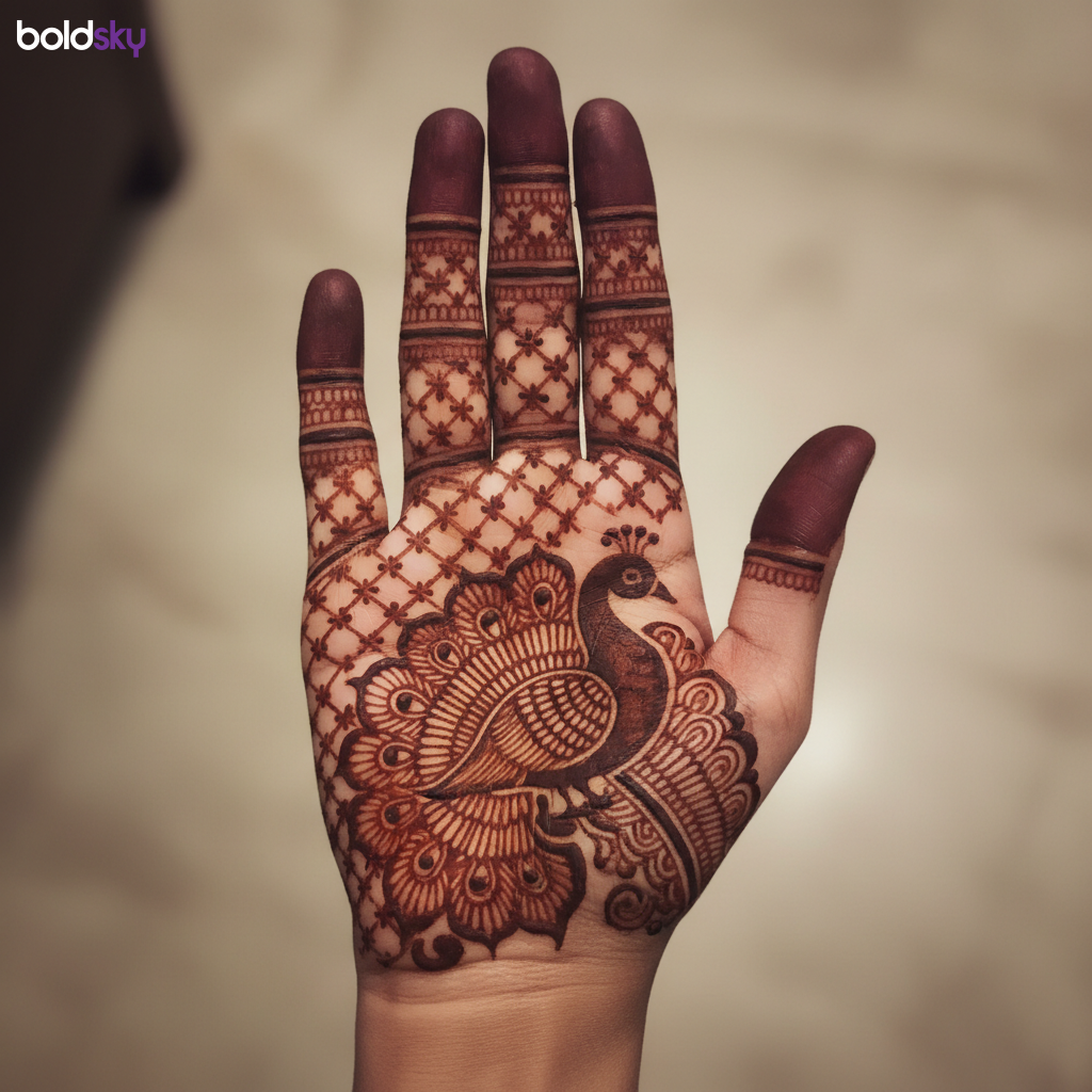 Right hand palm peacock jaali mehndi