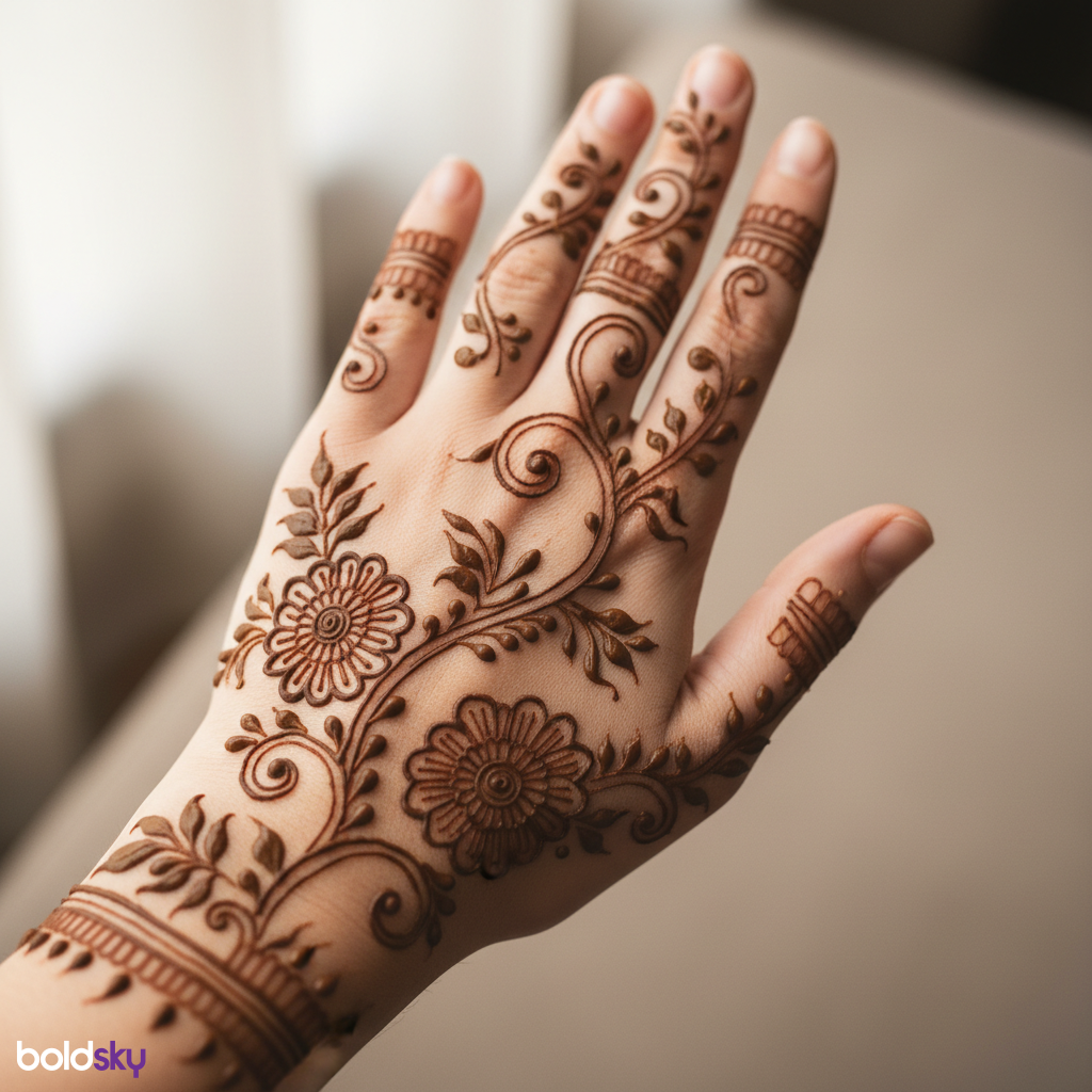 Back of left hand floral vine mehndi.