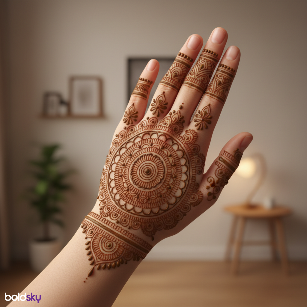 Left hand back central mandala mehndi.