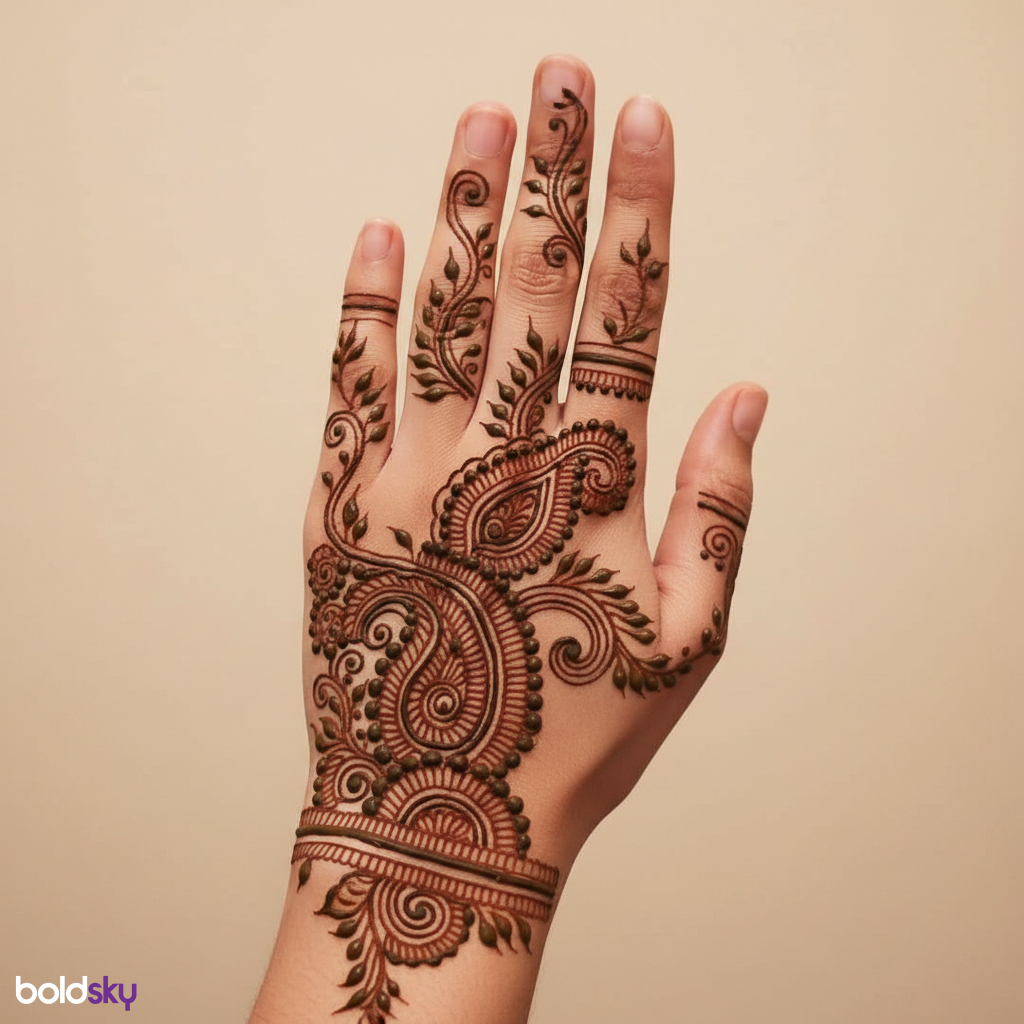 Left hand back paisley leaf mehndi.
