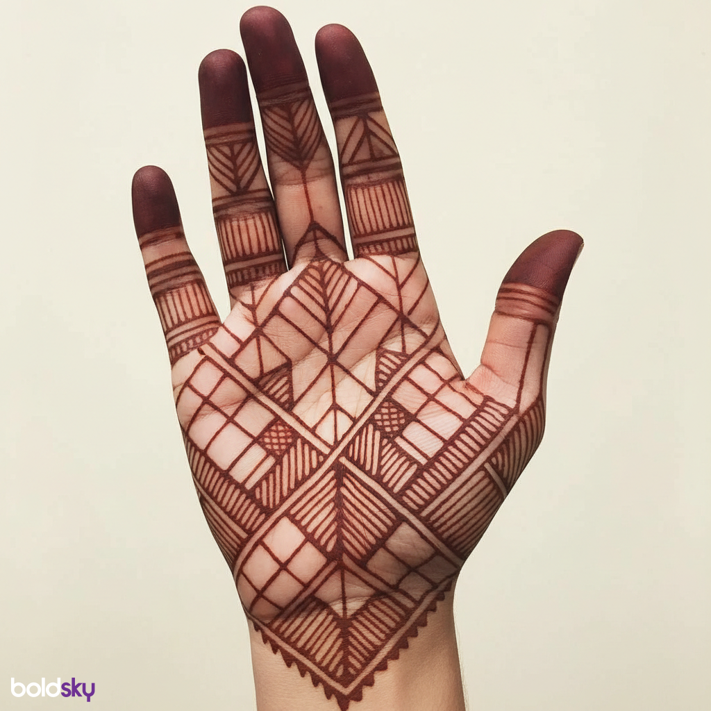 Front of right hand geometric mehndi design