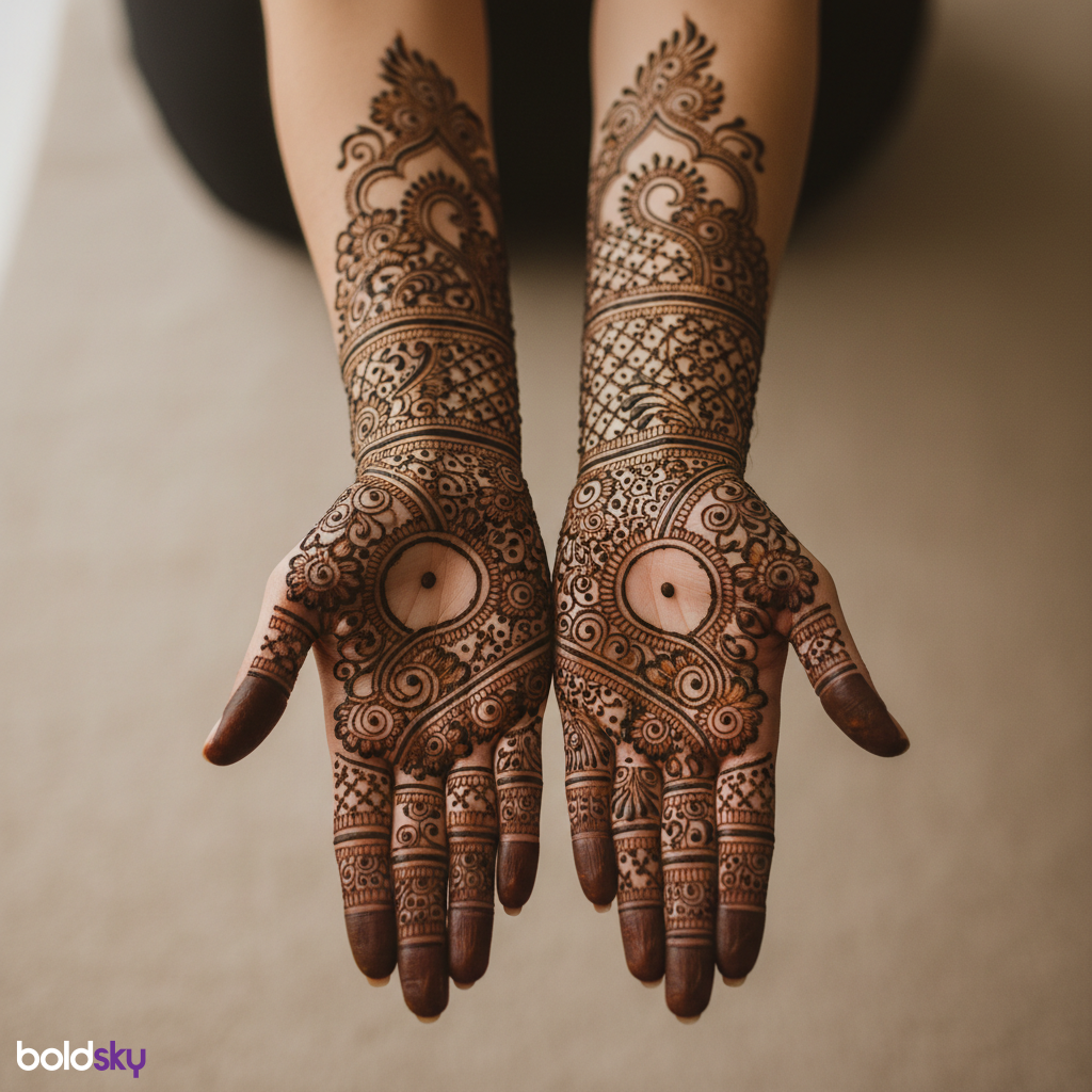 Close-up of both palms with dense bridal mehndi.