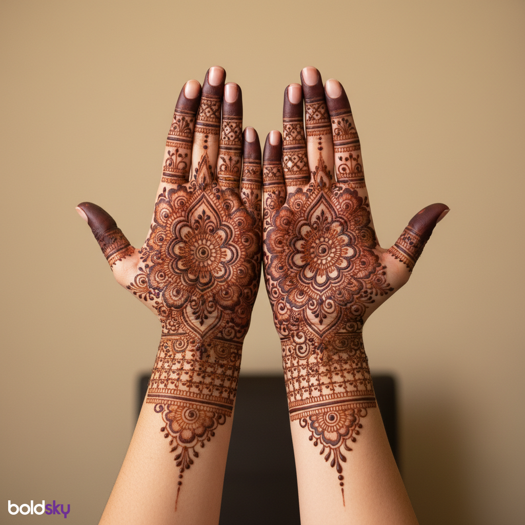Back of both hands with intricate bridal mehndi.