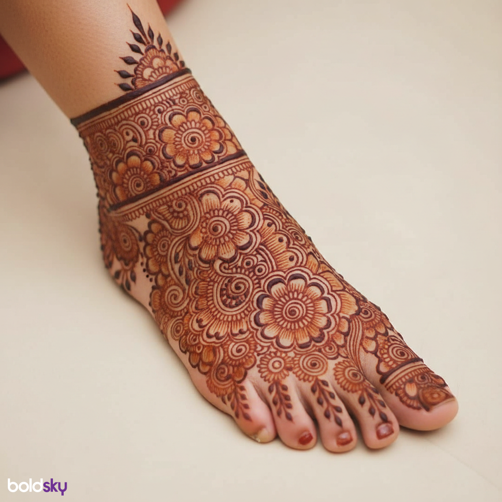 Right foot and ankle with elaborate bridal mehndi.