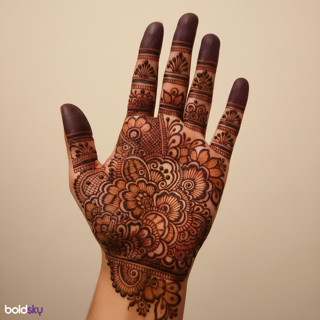 Left palm with highly detailed bridal mehndi.