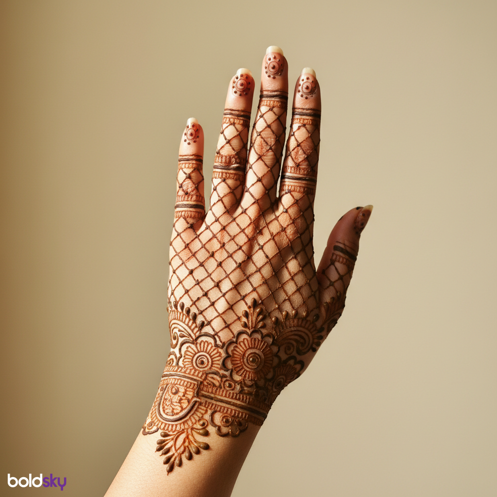 Back of left hand with delicate bridal mehndi.