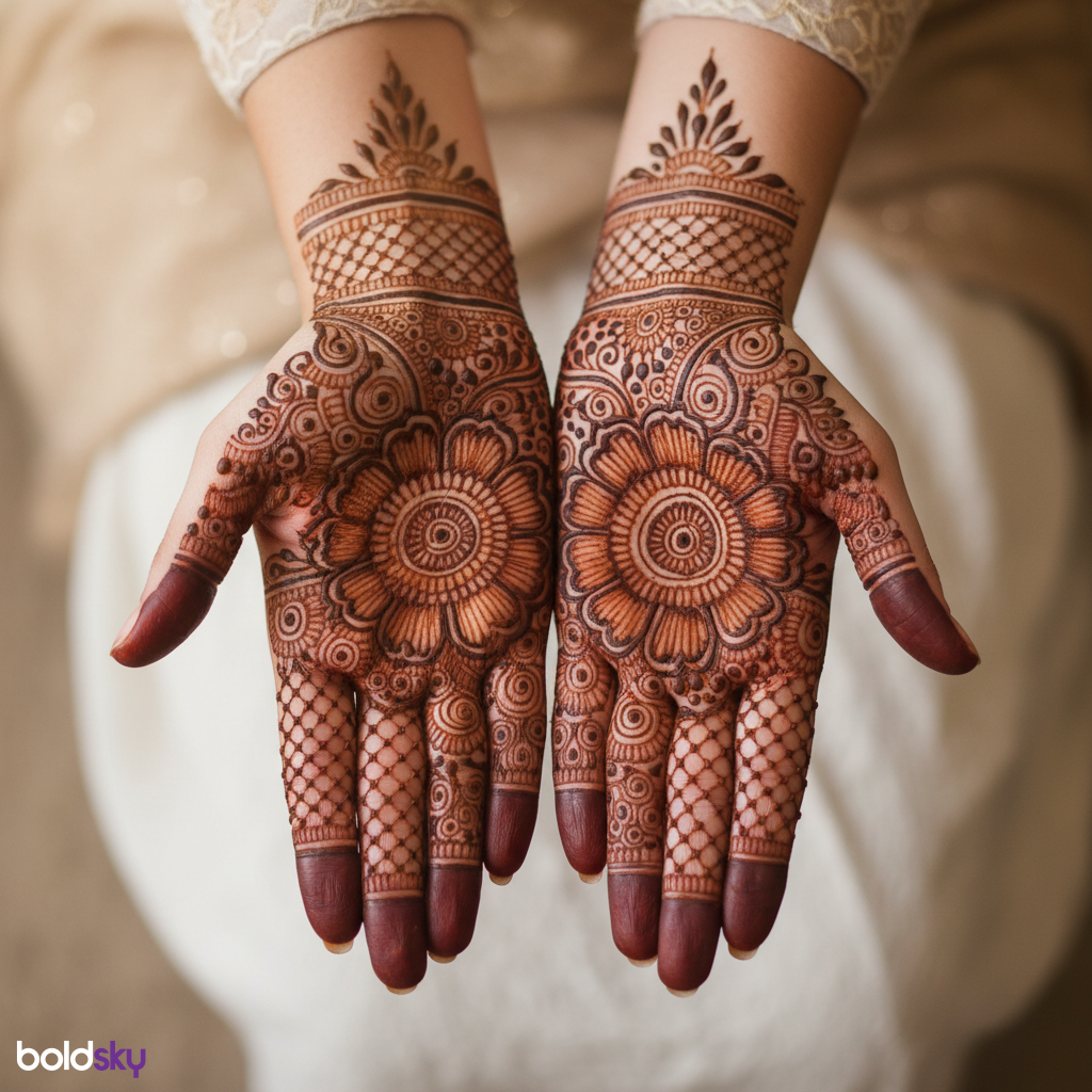 Both palms with intricate bridal mehndi design.