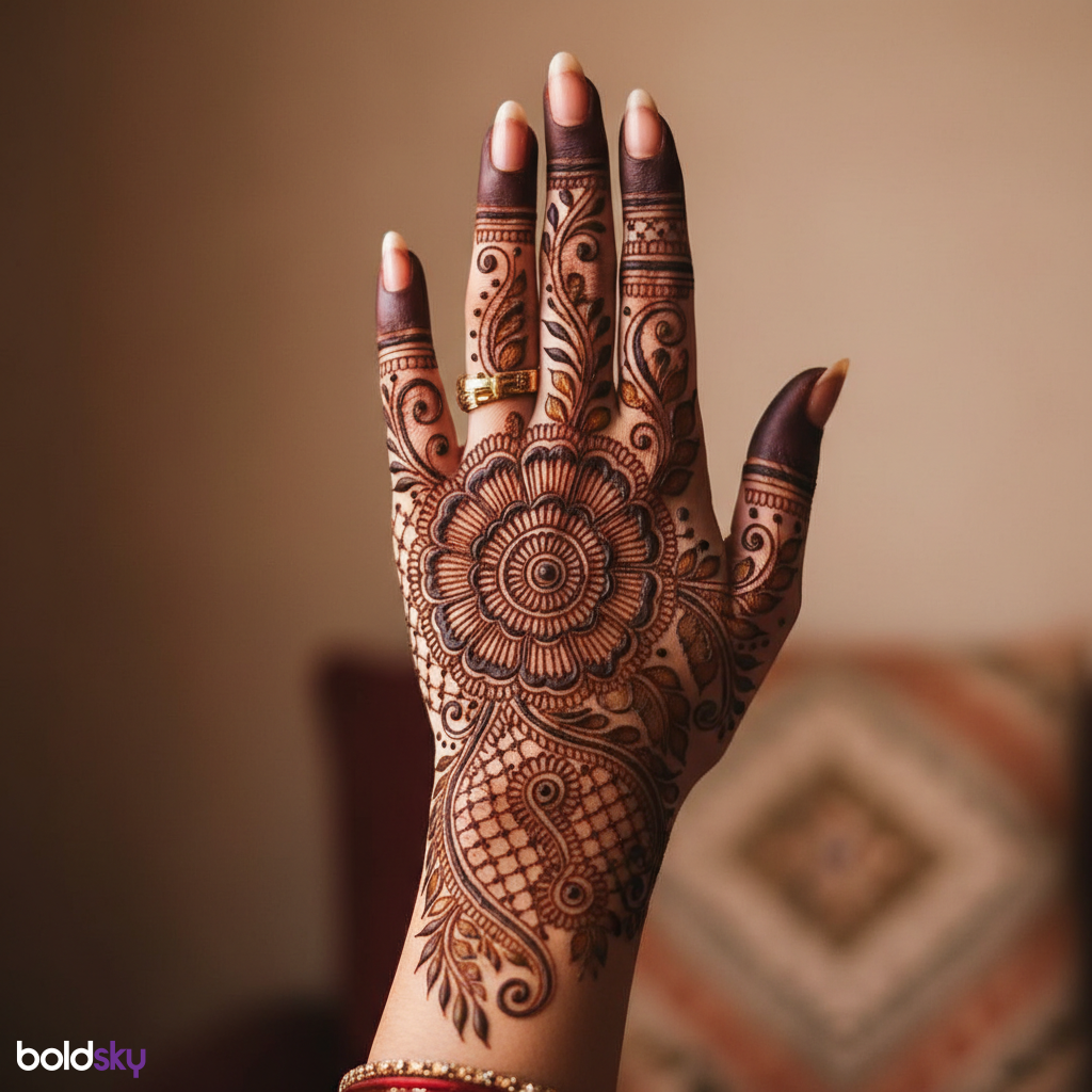 Back of left hand bridal floral mehndi.