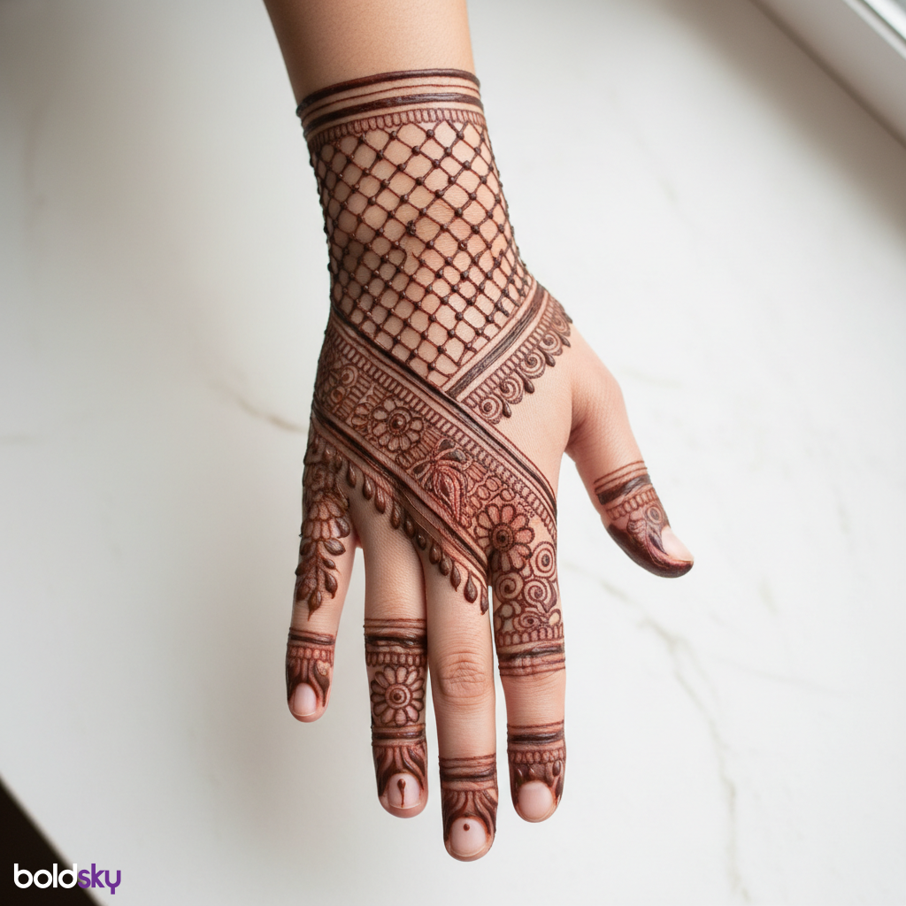 Back of right hand geometric bridal mehndi.