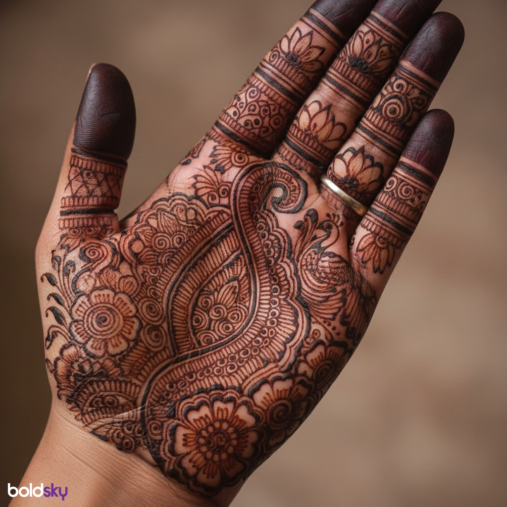 Left palm dense traditional bridal mehndi.