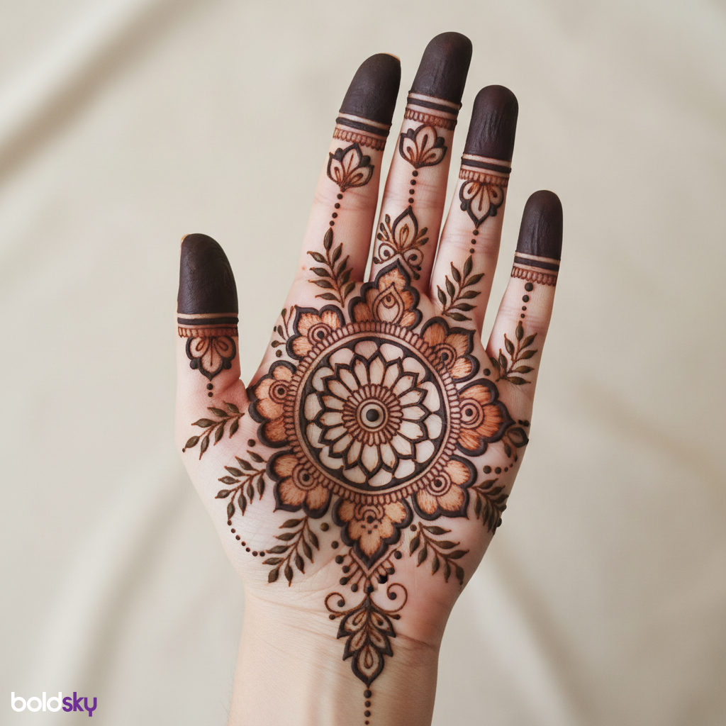 Left palm elegant bridal mehndi design.