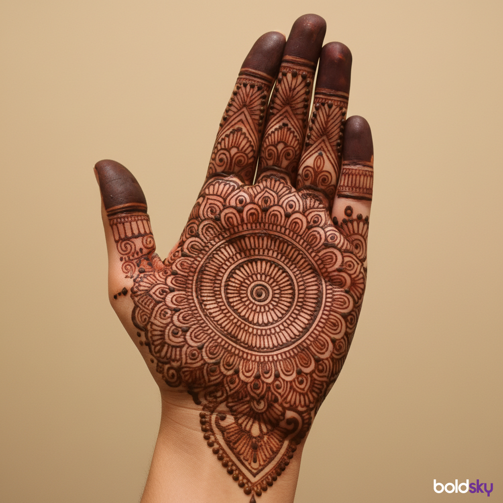 Left palm intricate circular mandala mehndi