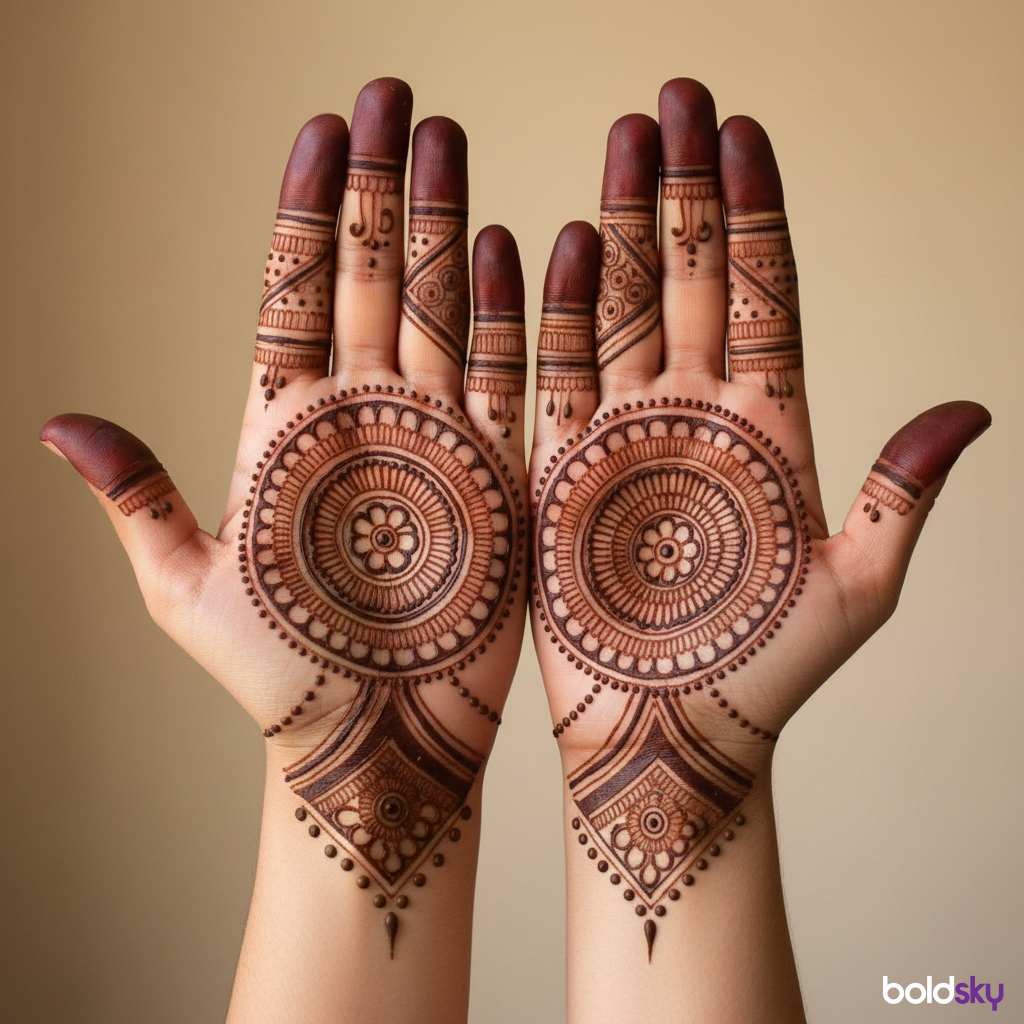 Both palms modern circular mehndi patterns