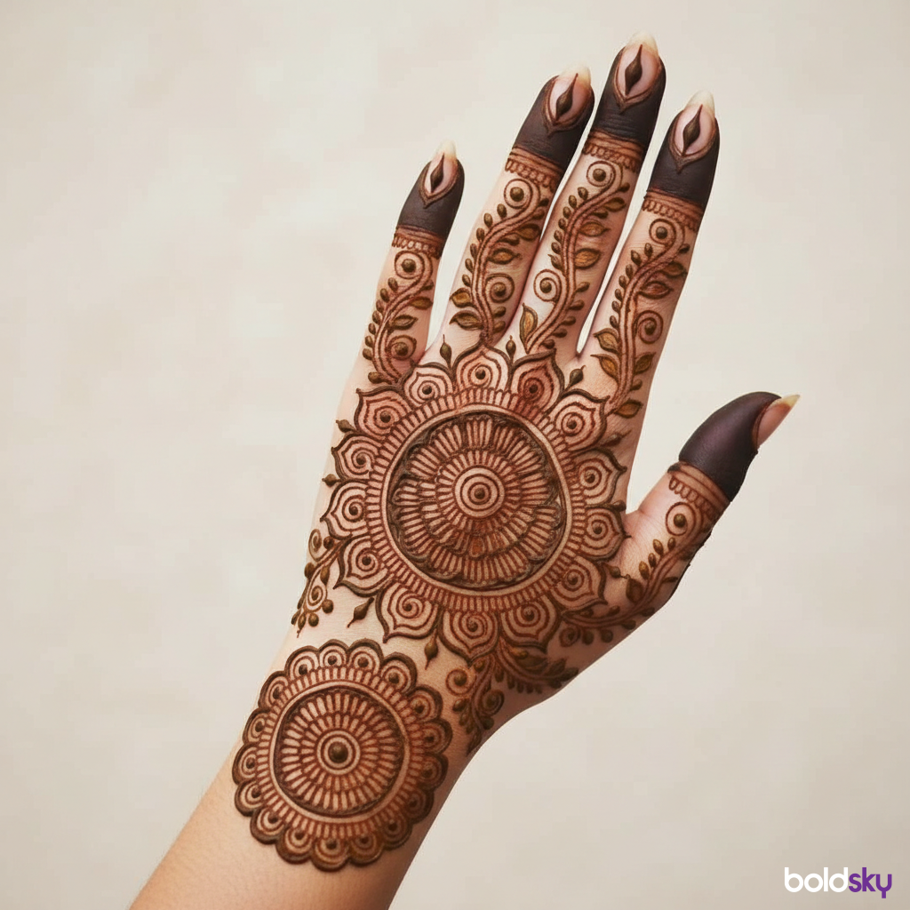Left hand back circular mandala mehndi.