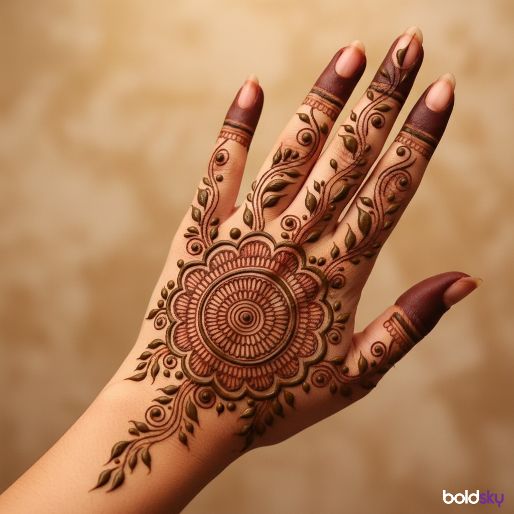Back left hand circular mehndi design.