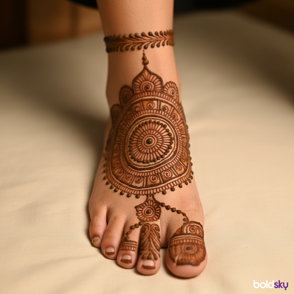 Right foot circular mandala mehndi.