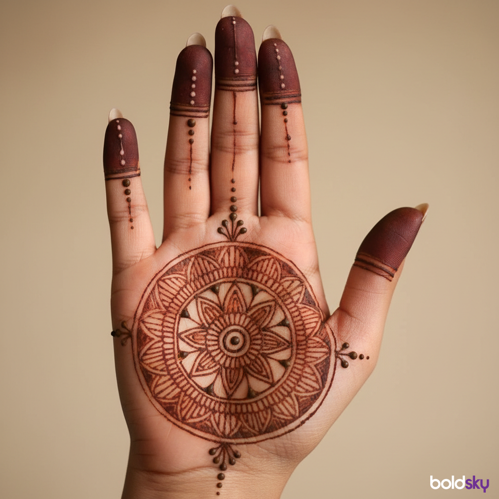 Right hand geometric circular mehndi.