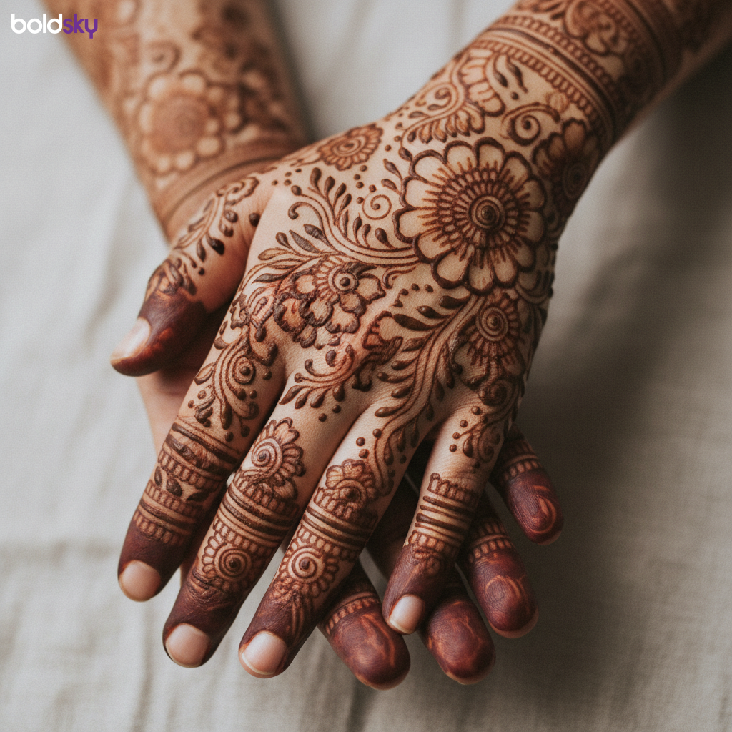 Delicate floral mehndi design on fingers close-up.