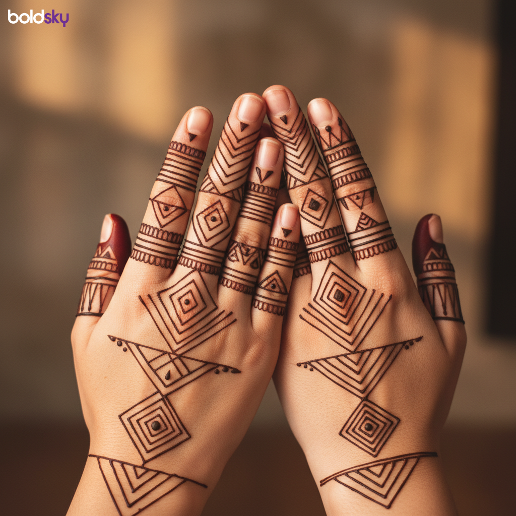 Geometric band mehndi design on fingers.