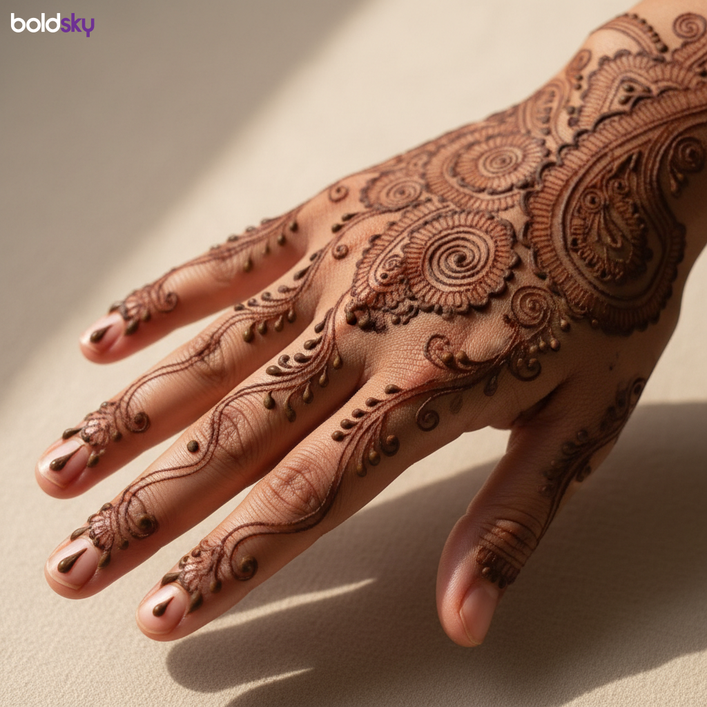 Right hand paisley vine finger mehndi.