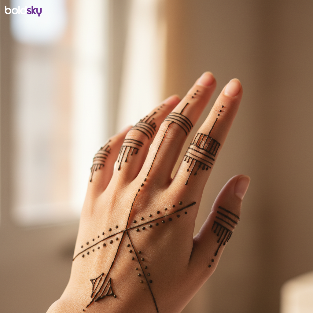 Minimalist dot line mehndi on left hand fingers.