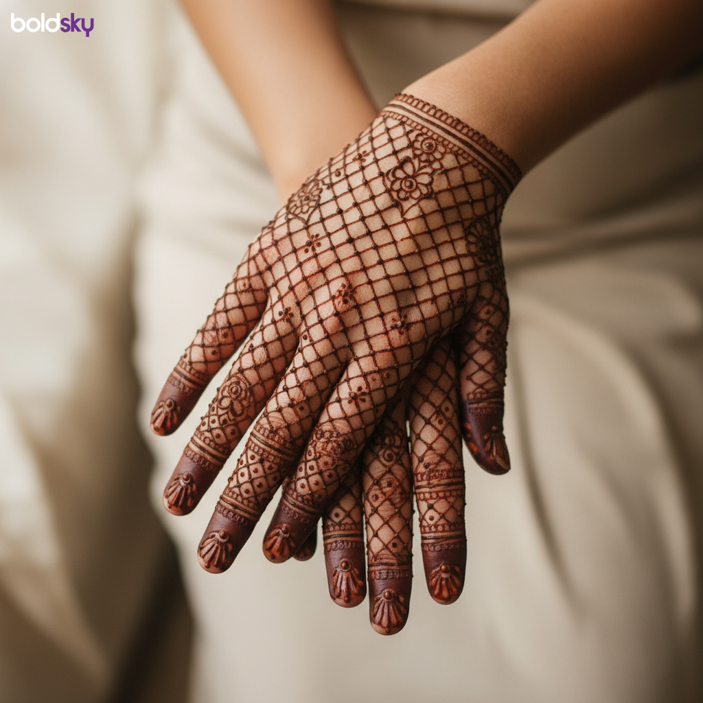 Full finger jaali mehndi design close-up.
