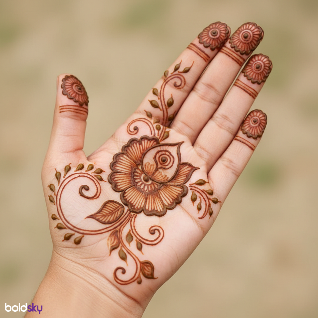 Left hand palm central floral mehndi design.