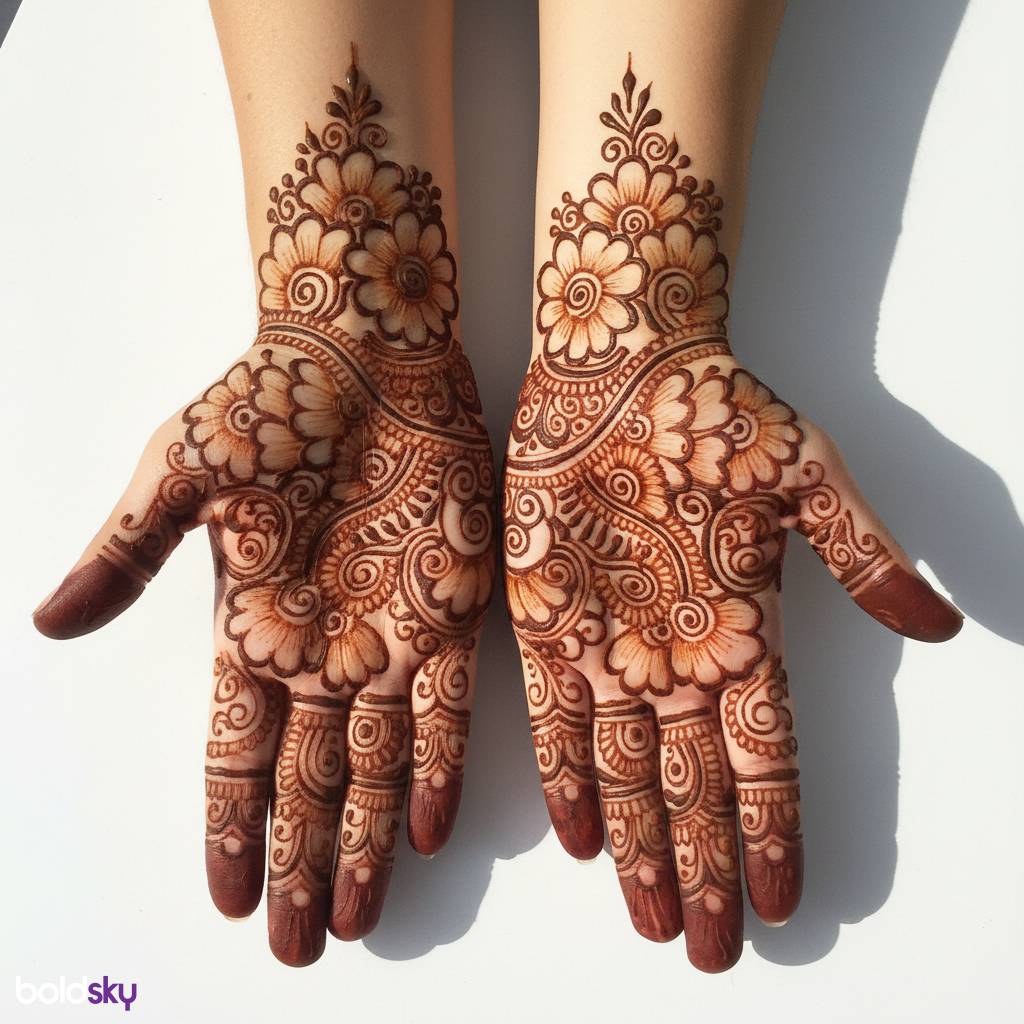 Both palms matching symmetrical floral mehndi.