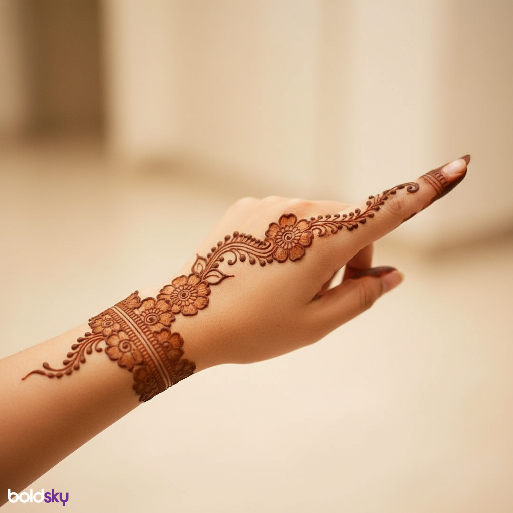 Back left hand delicate floral trail mehndi.