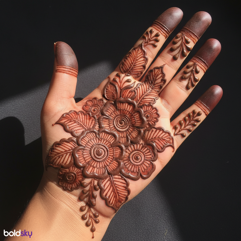Front left hand bold floral cluster mehndi.