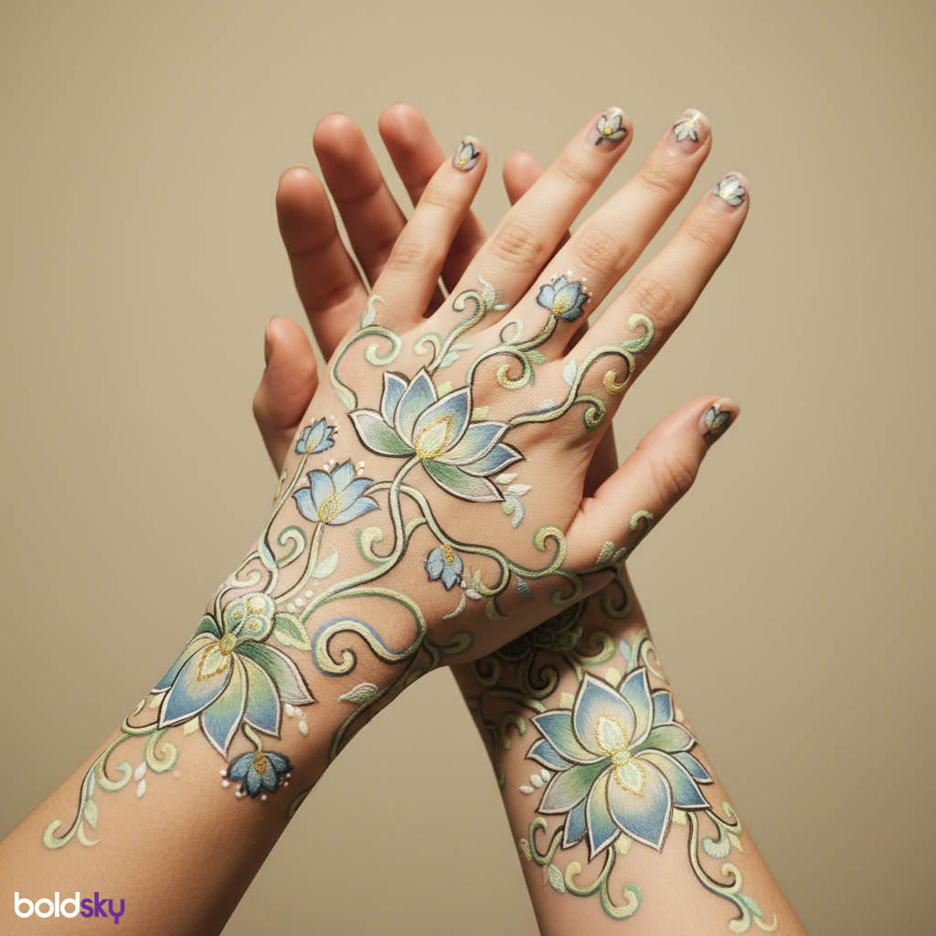Both hands back matching floral mehndi cuffs.