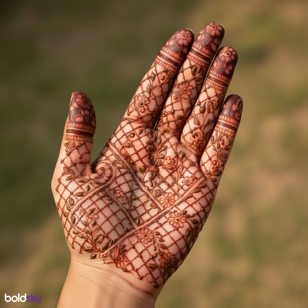 Left hand palm intricate floral jaali mehndi.