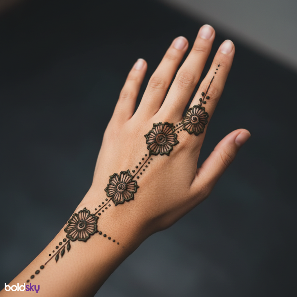 Back left hand minimalist floral mehndi design.