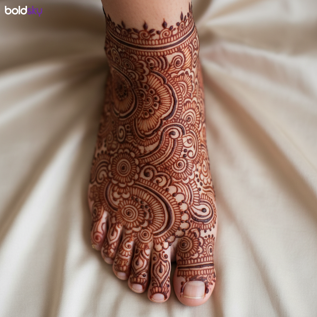 Intricate traditional bridal foot mehndi design.