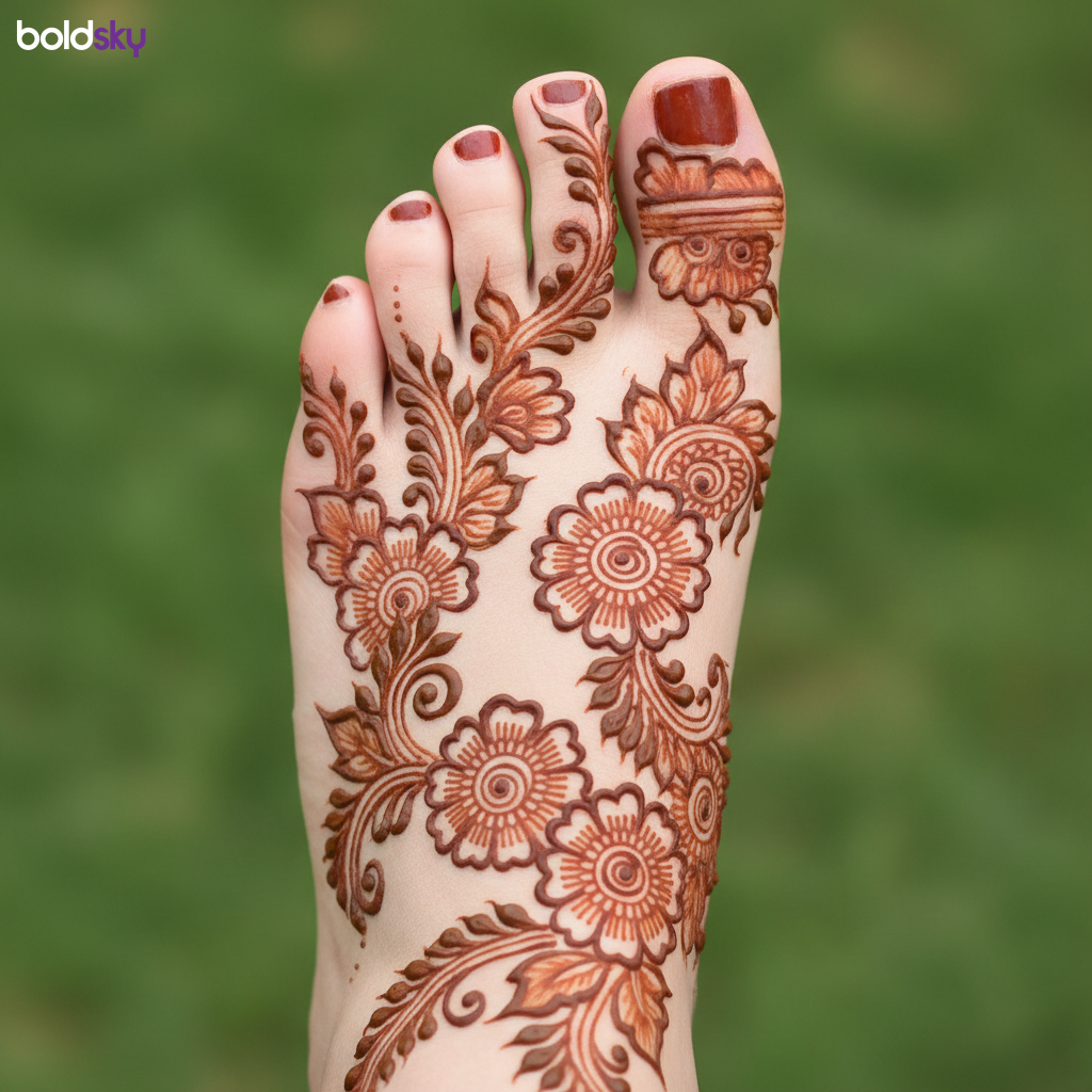 Floral mehndi design on toes and mid-foot.