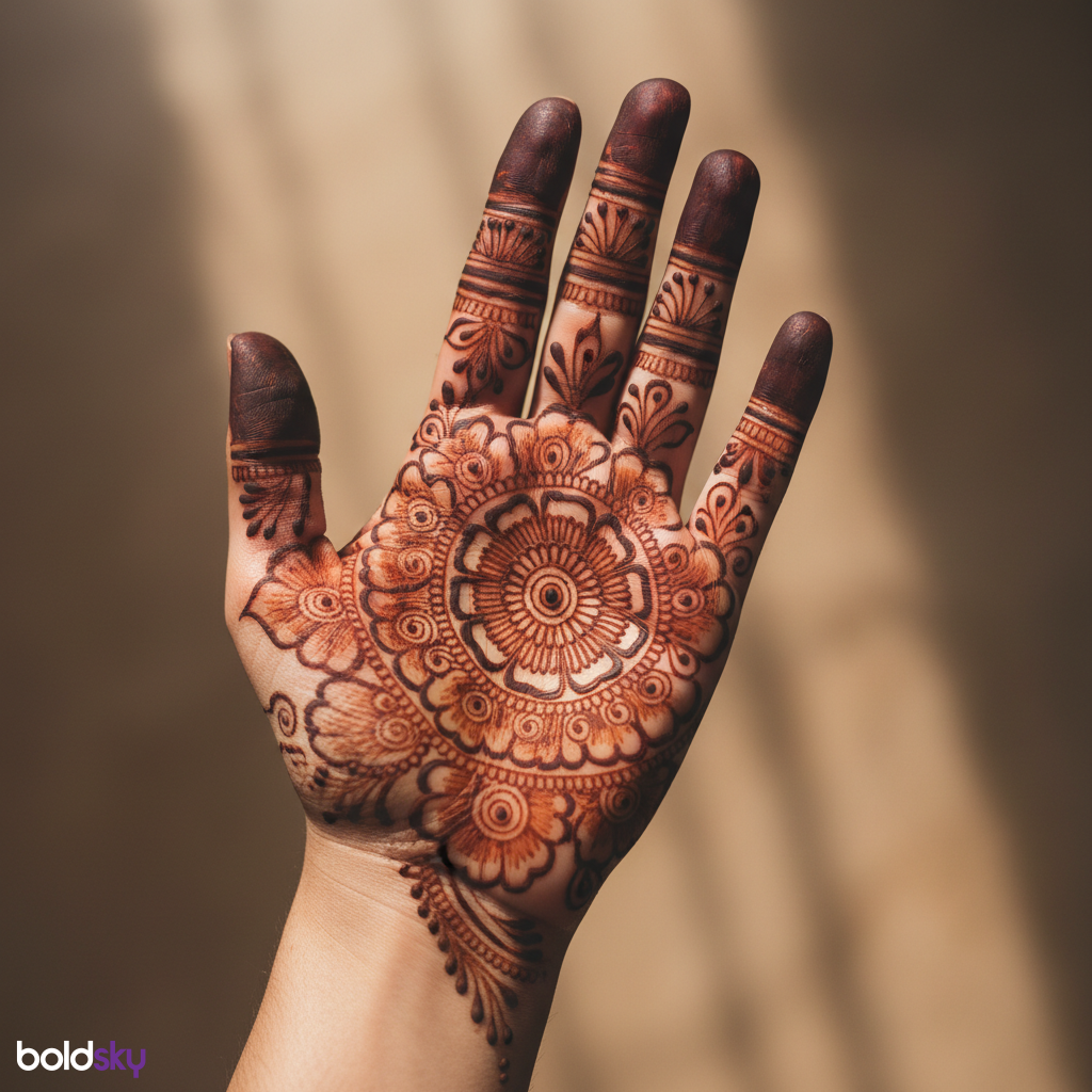 Front full hand traditional floral mandala mehndi