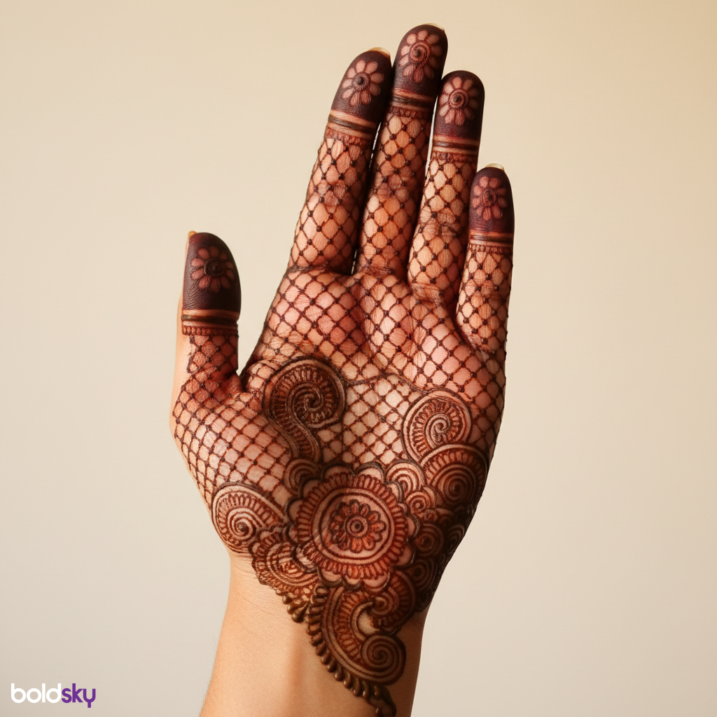 Front full hand jaali paisley mehndi design